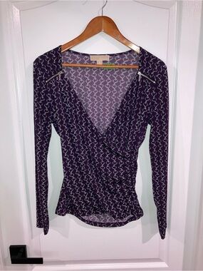 Michael Kors Purple Chain Print Wrap Front Long Sleeve Top - size M